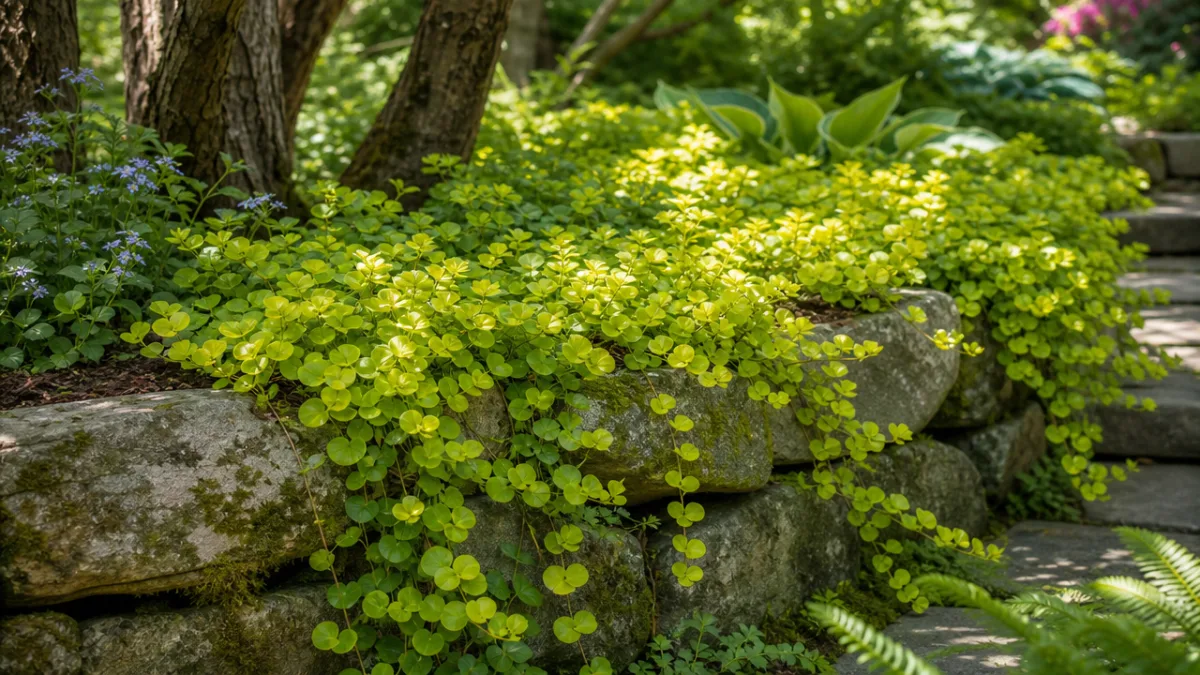 a lush garden bed filled with golden moneywort cascading over stones, soft…