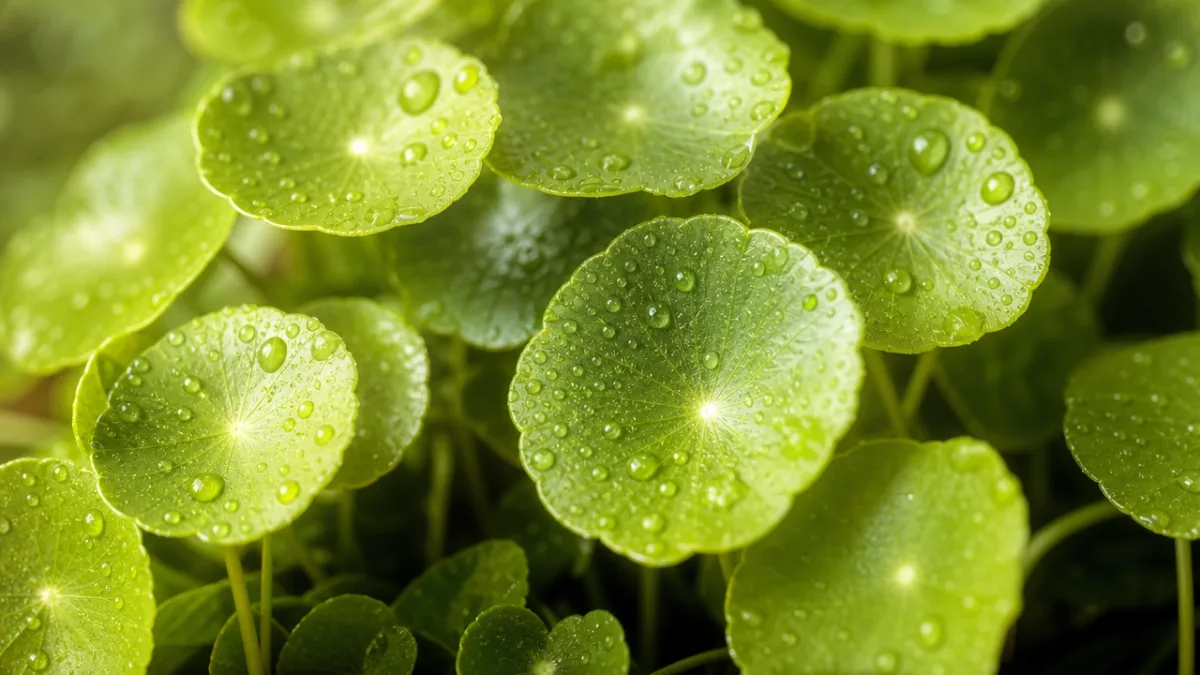 close-up of golden moneywort leaves with water droplets, soft natural light highlighting…
