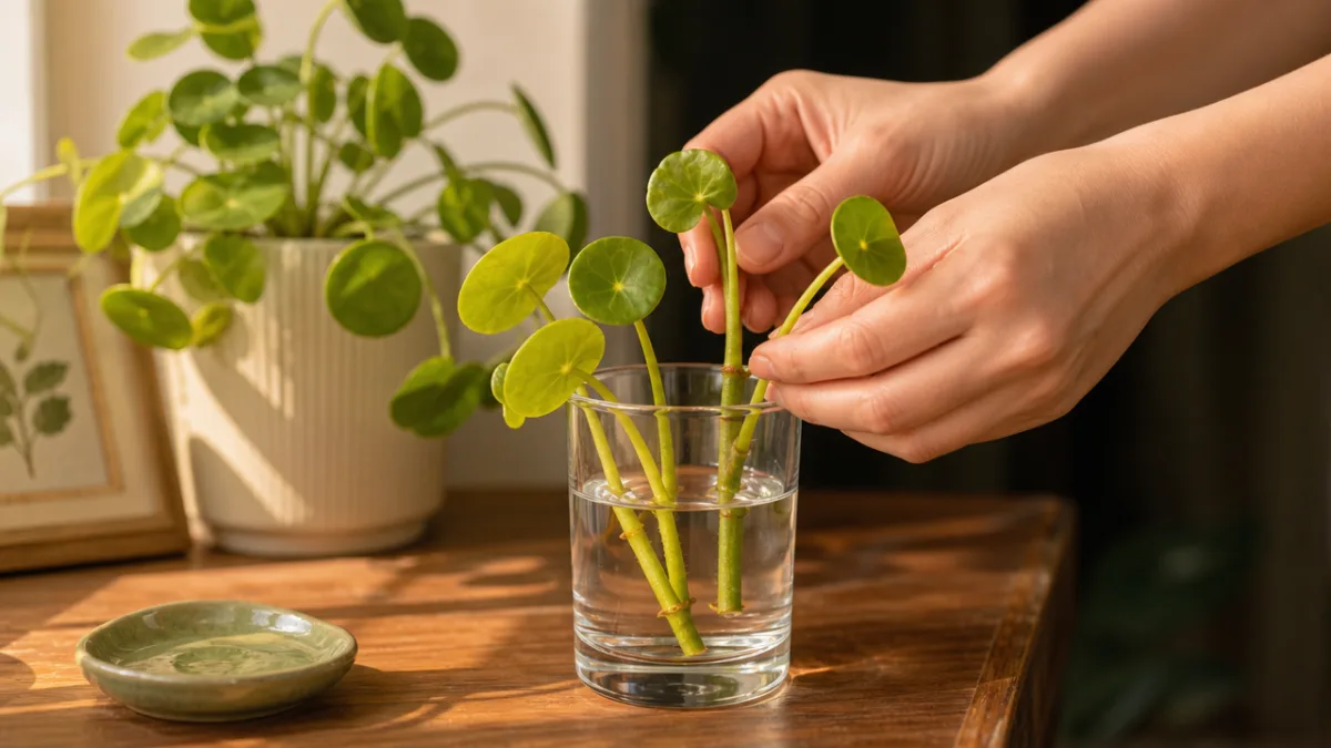 hands gently placing golden moneywort stem cuttings into a clear glass of…