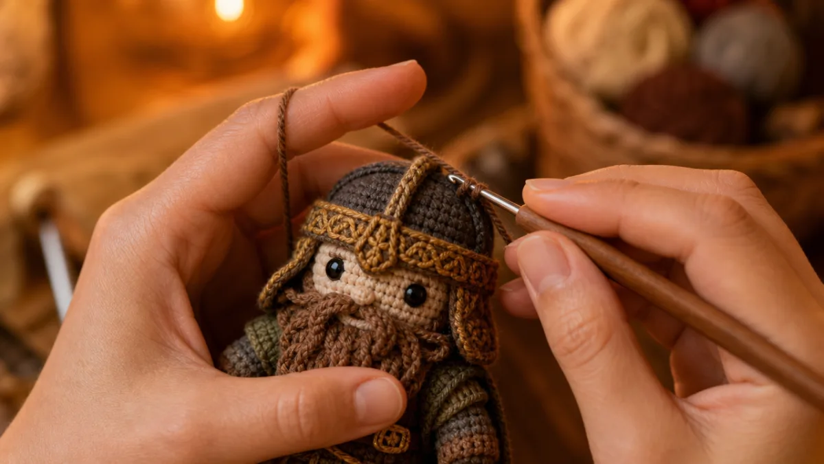 close-up of hands crocheting a detailed figure with warm amber studio lighting…