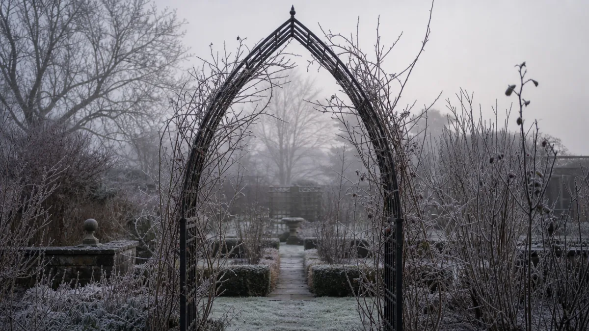 a gothic arch garden arbor in winter with bare climbing rose canes…