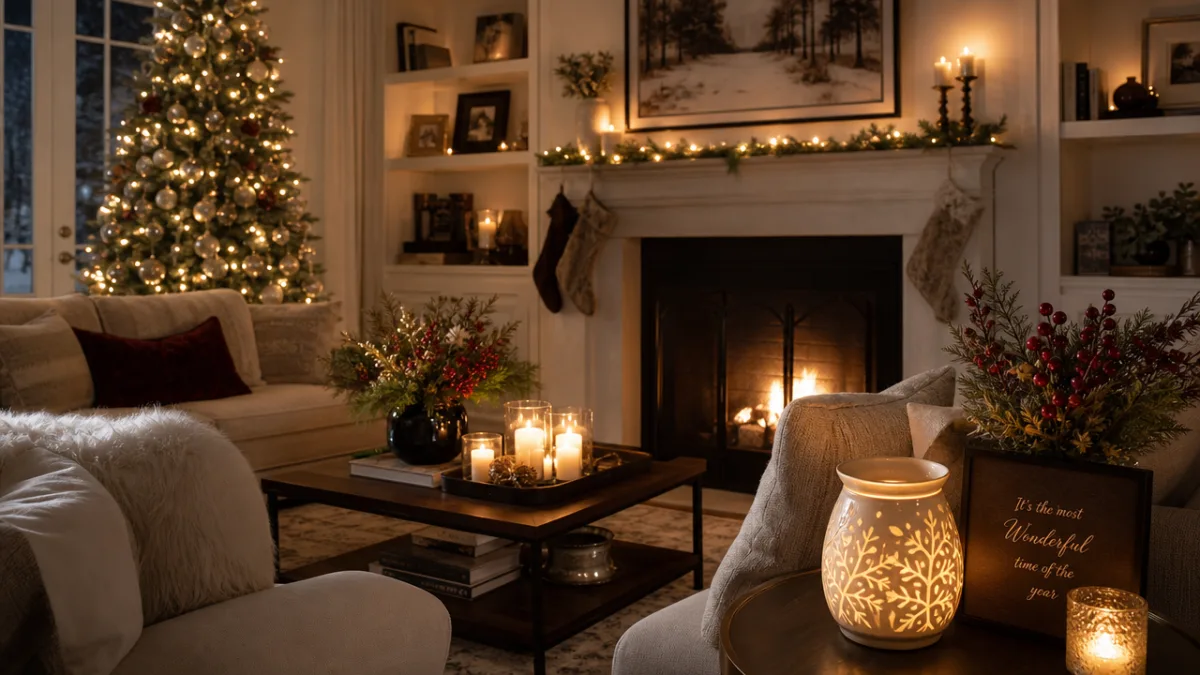 an elegant living room styled for winter holidays, soft candlelight and wax…