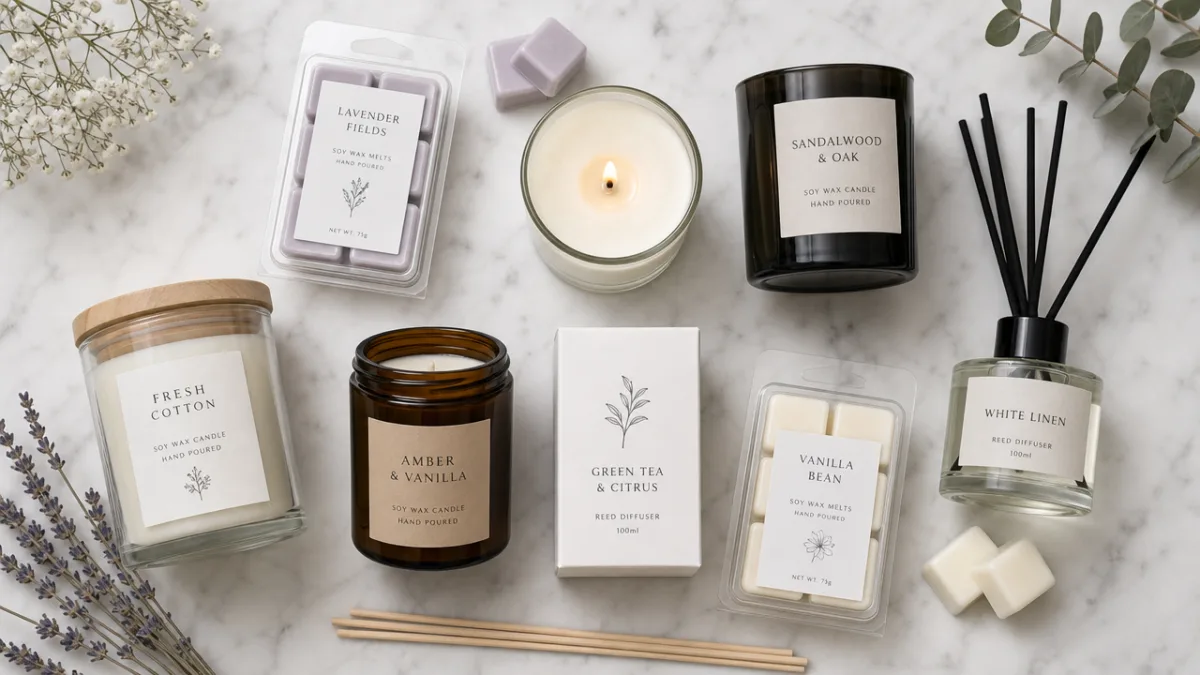 a flat lay of various home fragrance products including wax melts, candles…