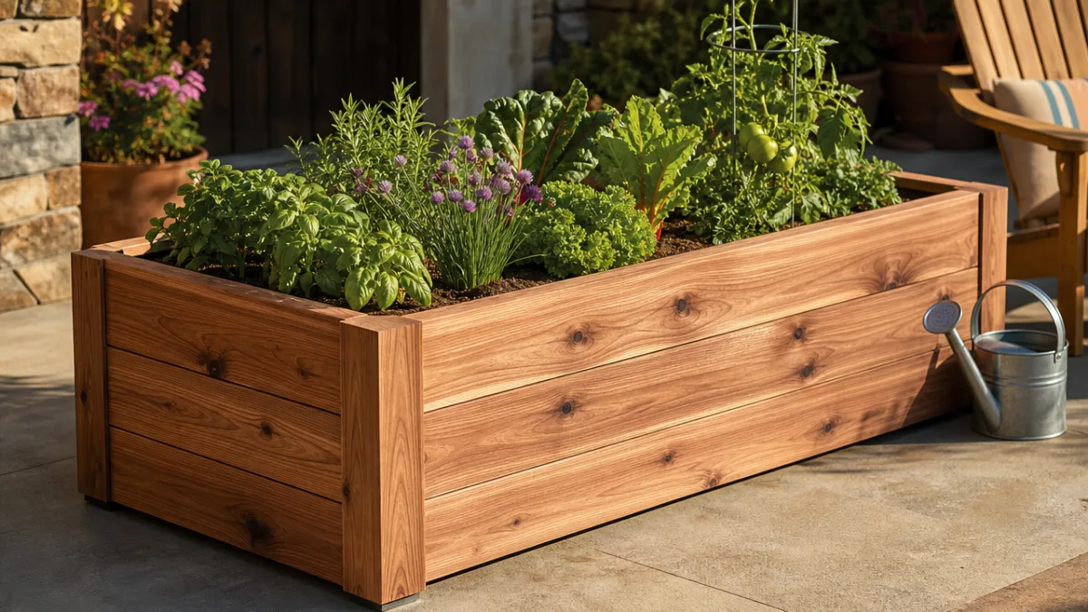 a rustic cedar raised garden bed on a sunlit concrete patio, warm…