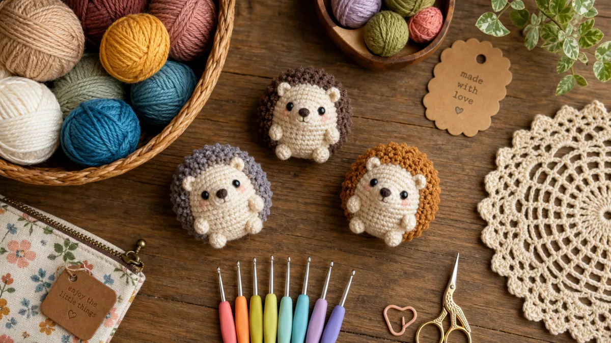 a flat lay of colorful yarn, tiny crochet hooks, and finished miniature…