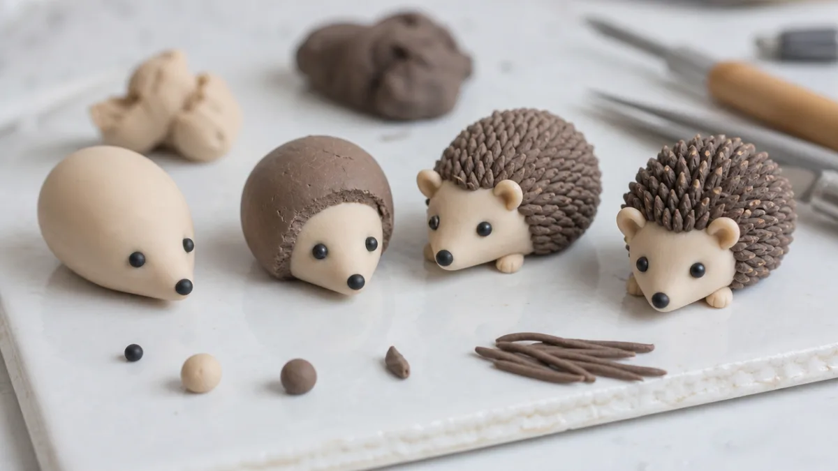 close-up of tiny polymer clay hedgehog sculptures in various stages of completion…