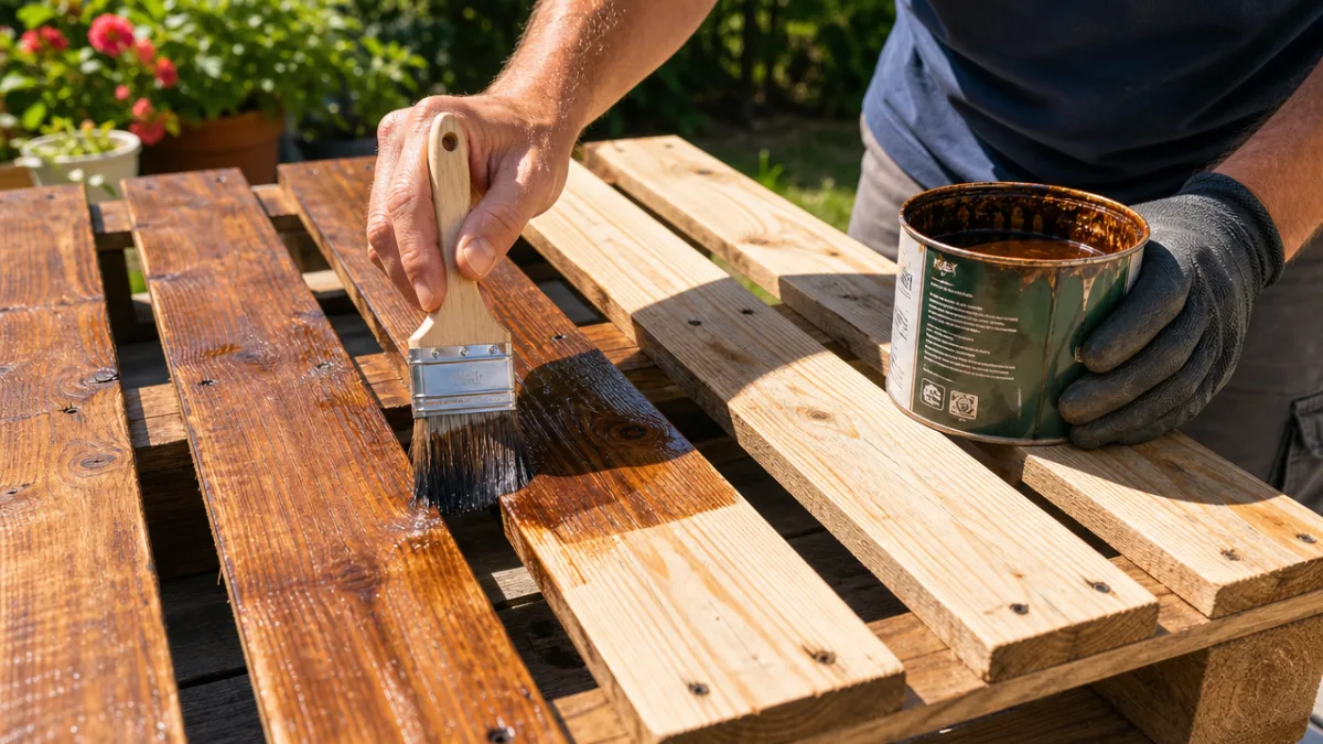 a close-up of hands staining wooden pallet planks outdoors on a sunny…