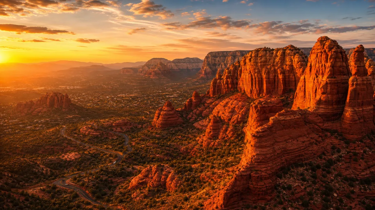 a sweeping aerial view of Arizona red rock formations at golden hour,…