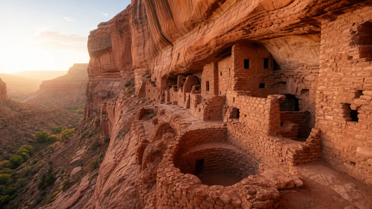 ancient cliff dwellings carved into red sandstone canyon walls, soft morning light…