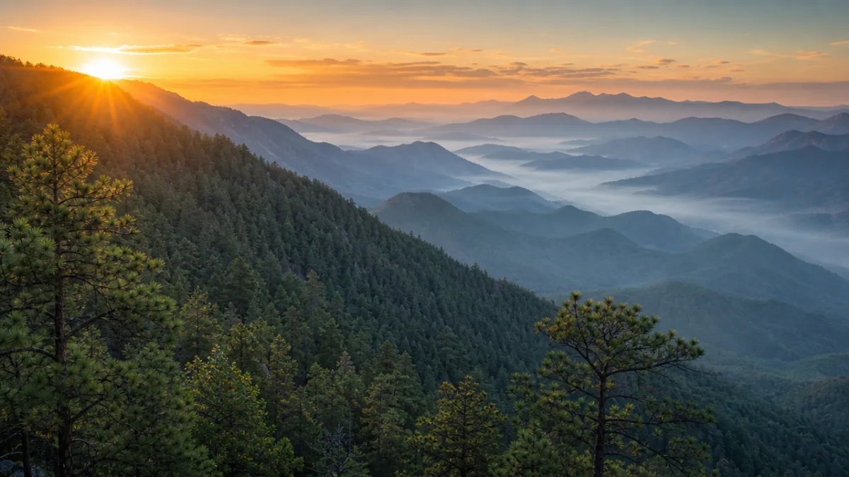 lush pine forest covering Arizona mountain slopes at sunrise, misty blue ridgelines…