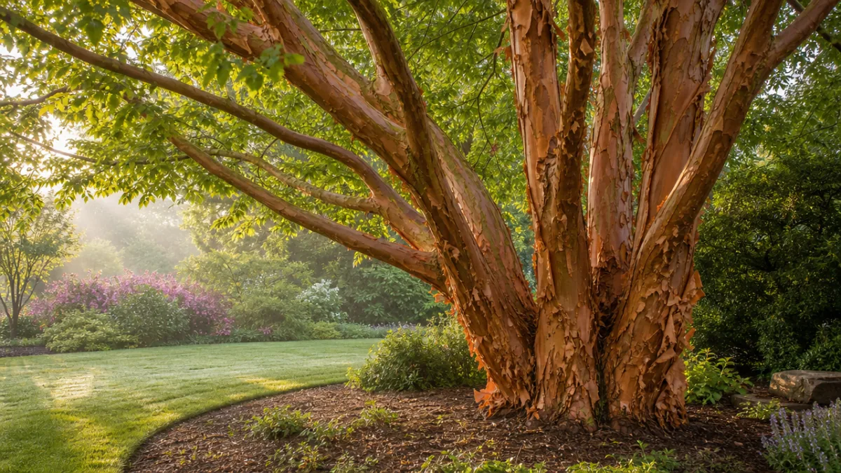 a mature Amur Maackia tree with peeling coppery bark in soft morning…