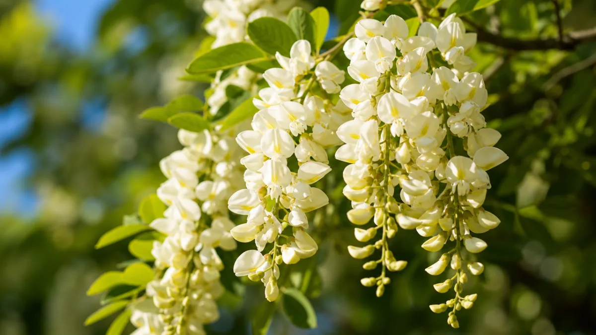 close-up of creamy white Amur Maackia flower racemes in bright summer sunlight,…
