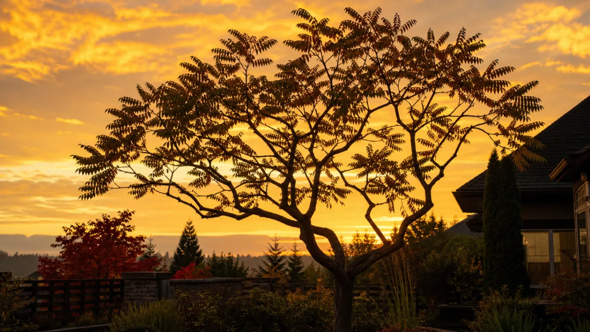 Amur Maackia silhouette against golden autumn sky with warm late-afternoon light, residential…