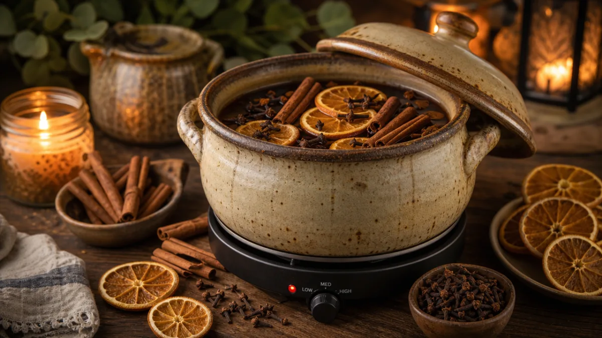 a rustic ceramic simmer pot on an electric warmer, surrounded by cinnamon…