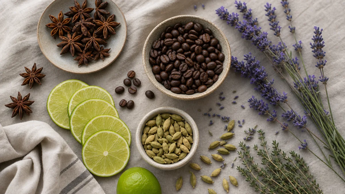 an overhead flat lay of simmer pot ingredients including star anise, coffee…