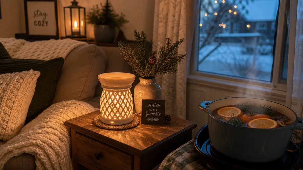 a cozy living room corner with a glowing candle warmer on a…