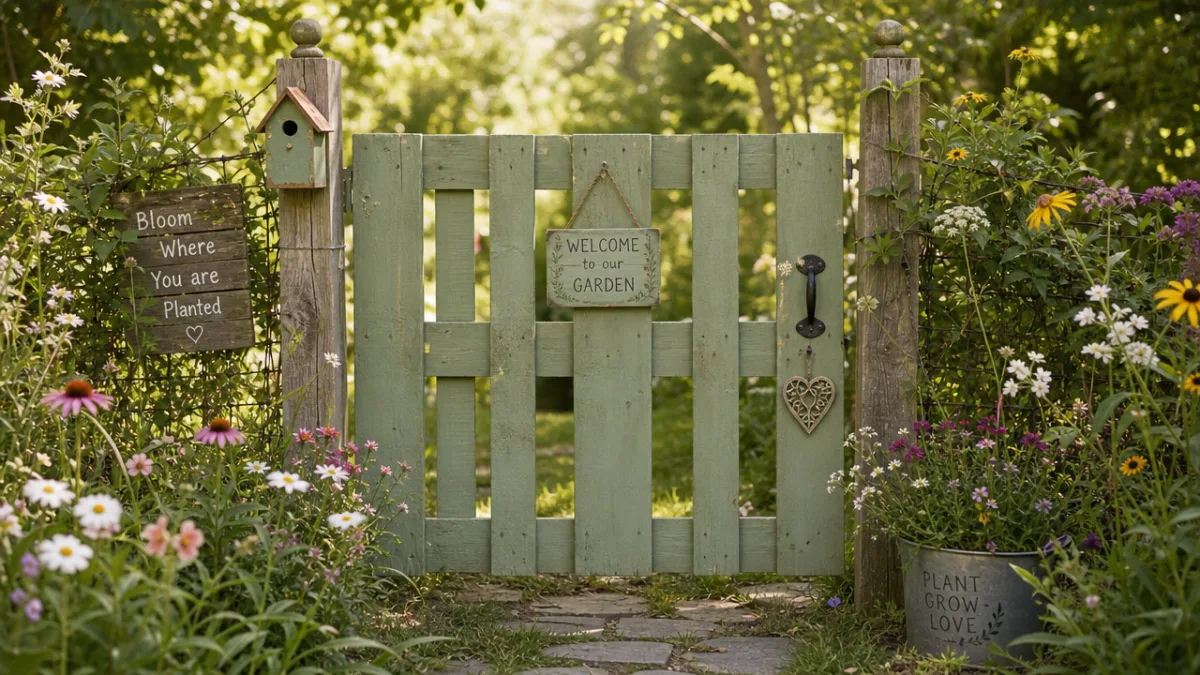 a charming repurposed wooden pallet garden gate painted sage green, surrounded by…