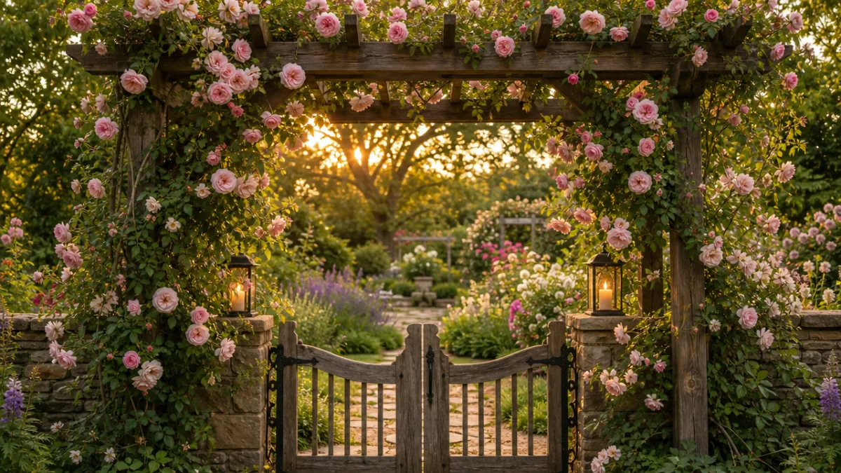 a romantic garden gate with a timber pergola arch covered in climbing…