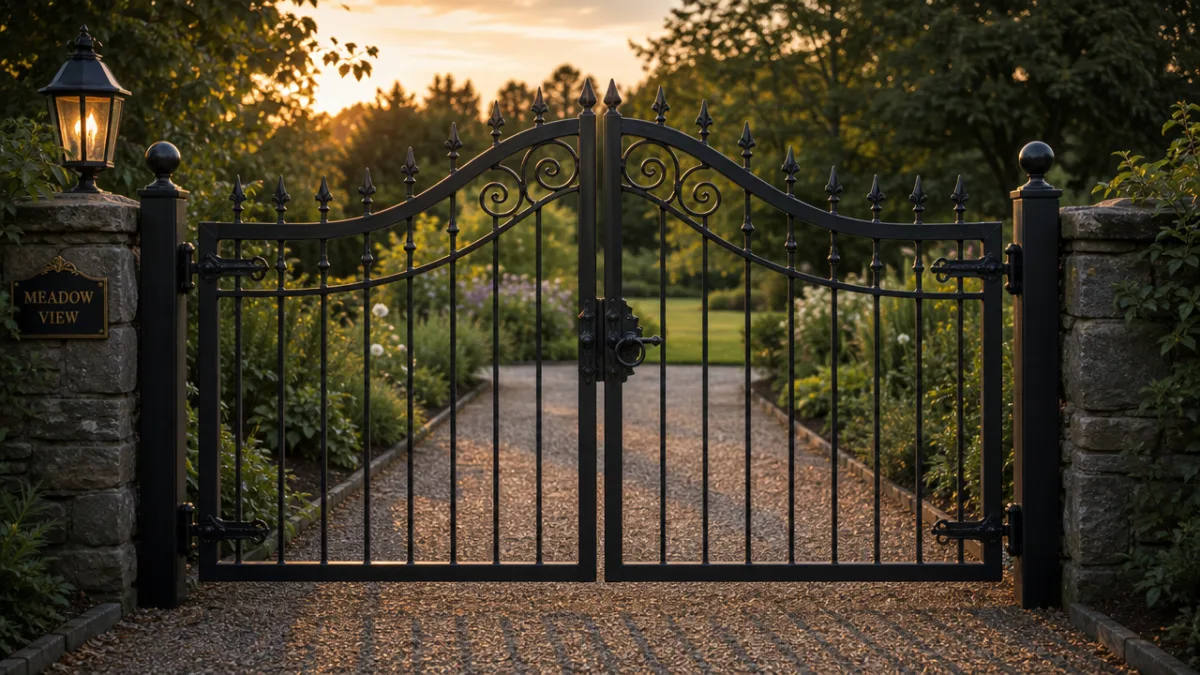 a freshly painted black wrought iron style garden gate with decorative hardware,…