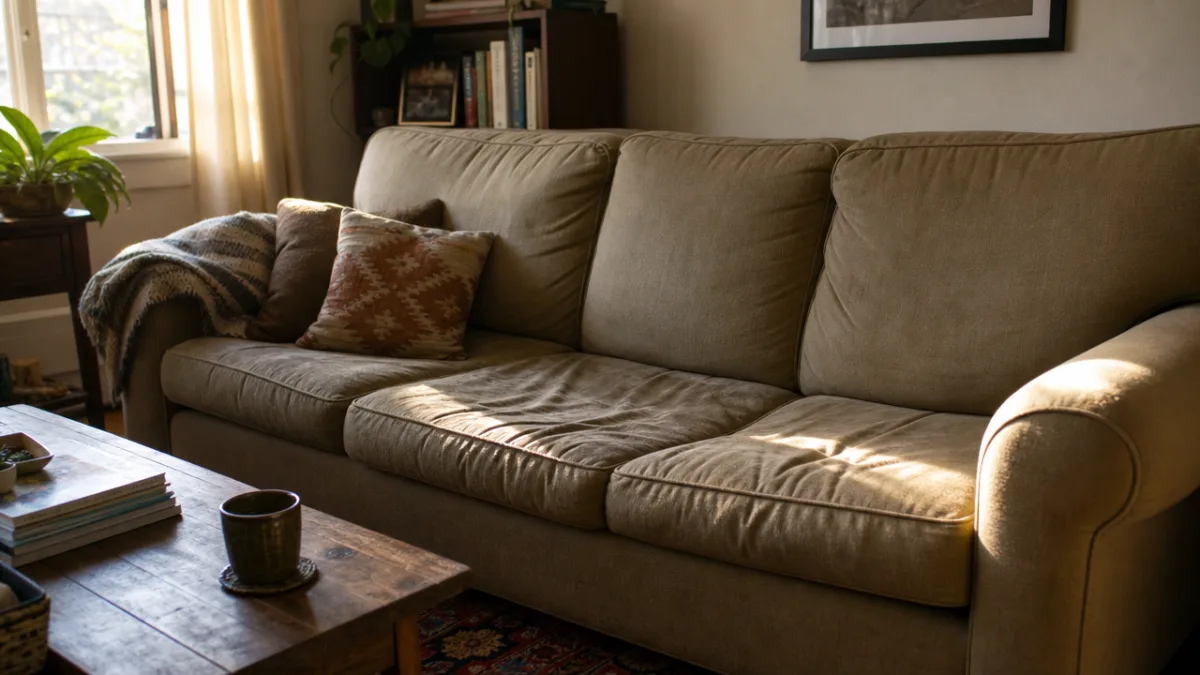 a tired sagging couch cushion in a lived-in living room, warm afternoon…