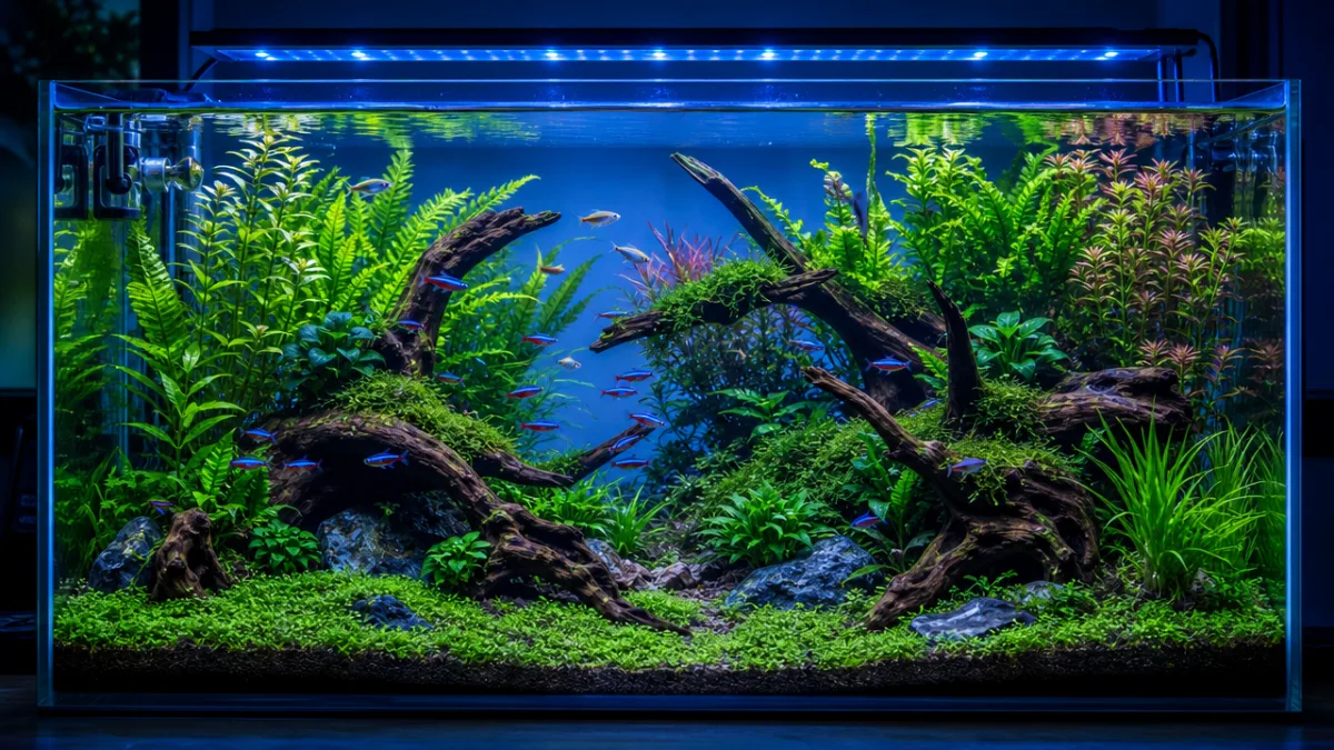 a beautifully planted freshwater aquarium glowing with blue LED lighting, lush green…