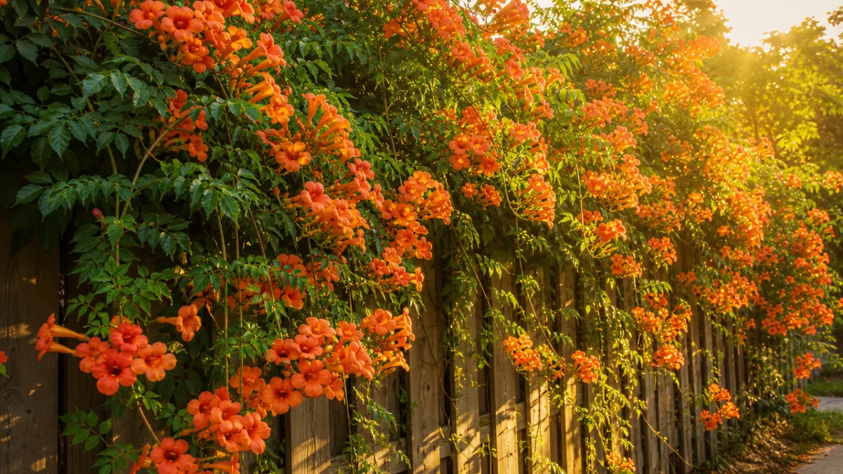 a lush trumpet vine in full bloom covering a wooden fence, warm…