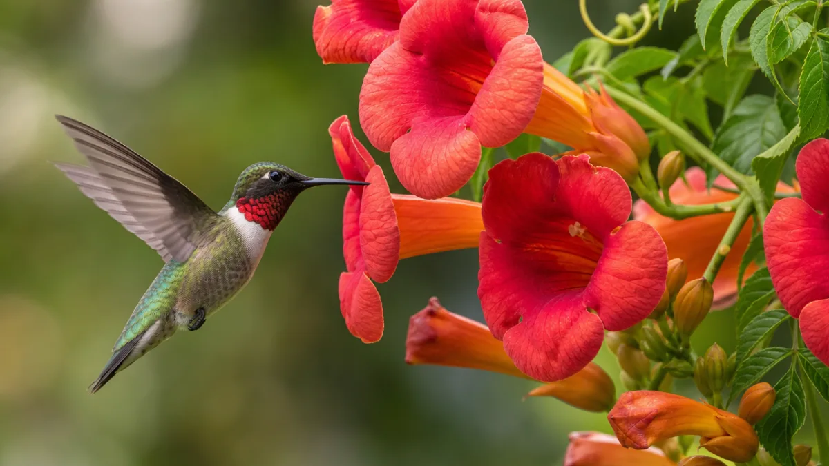 close-up of vibrant red and orange trumpet vine flowers with a ruby-throated…