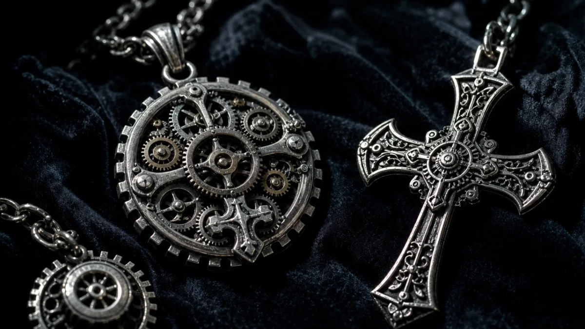 a close-up of silver steampunk gear and cross pendants on dark velvet,…