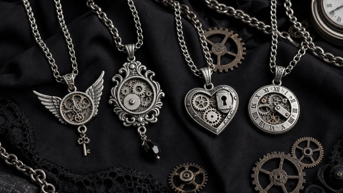 a styled flat lay of silver steampunk necklaces on black fabric with…