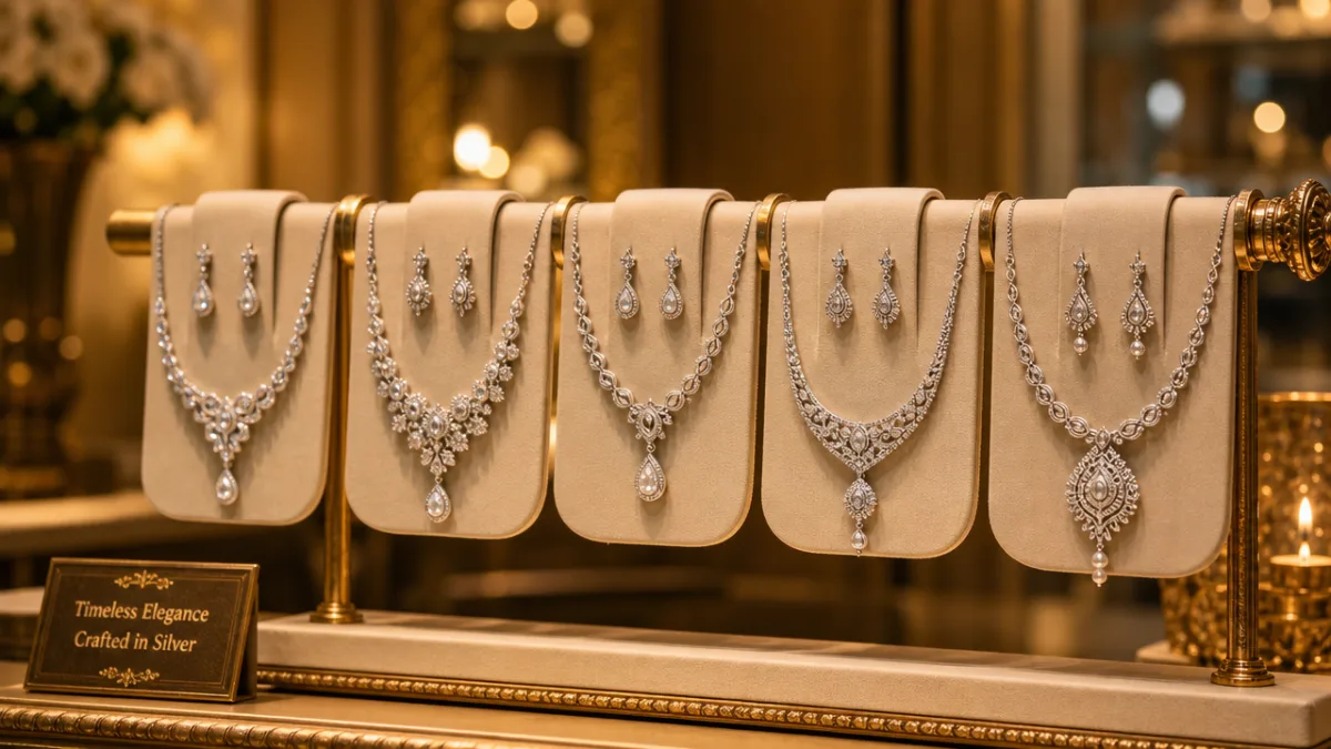 an elegant display of silver necklace sets hanging on a jewelry stand,…