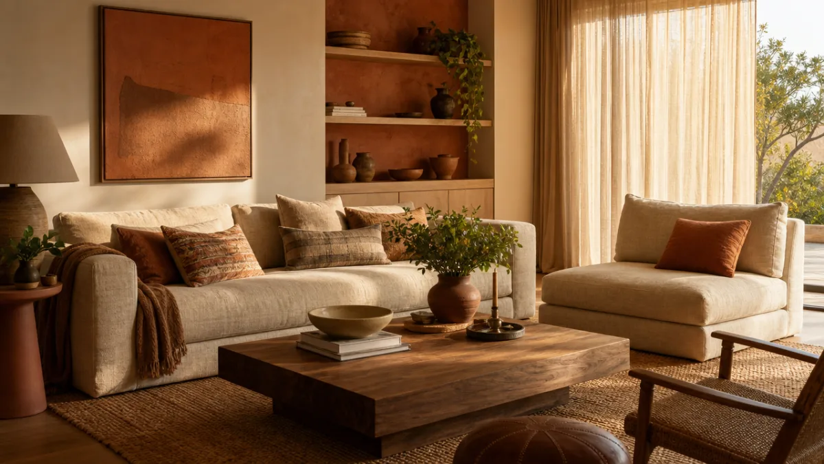 a warmly lit modern living room featuring earthy terracotta tones, textured linen…