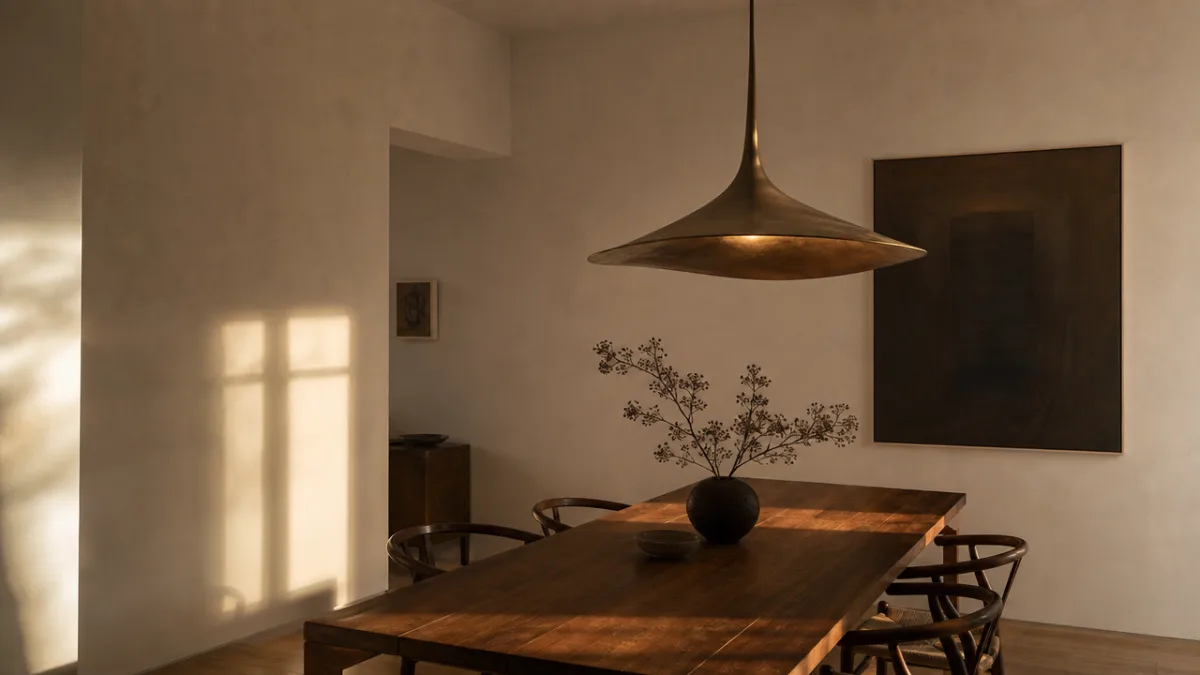 an elegantly simple dining room with a singular dramatic pendant light, white…