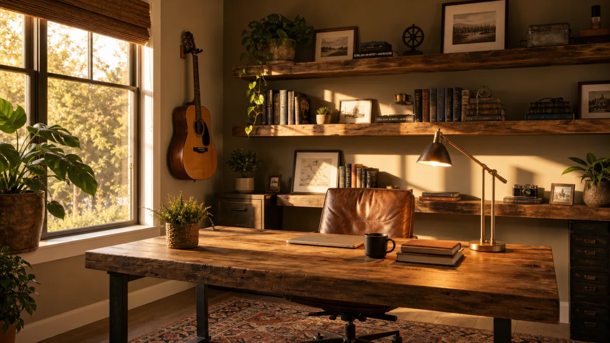 a serene and thoughtfully arranged home office with reclaimed wood shelves, warm…