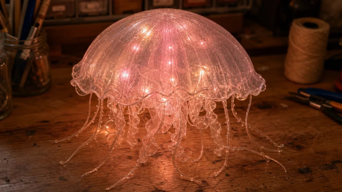 a translucent dome-shaped jellyfish craft bell glowing softly on a wooden workbench,…