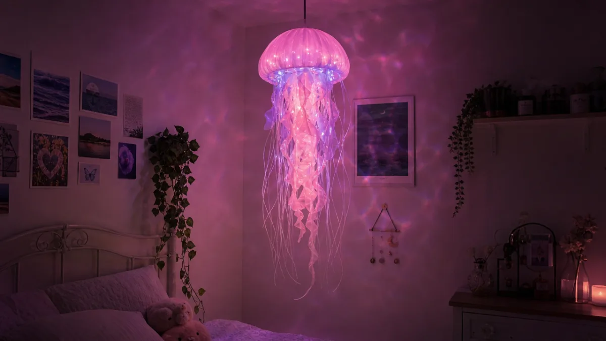 a completed glowing jellyfish light hanging in a dim bedroom, soft pink…