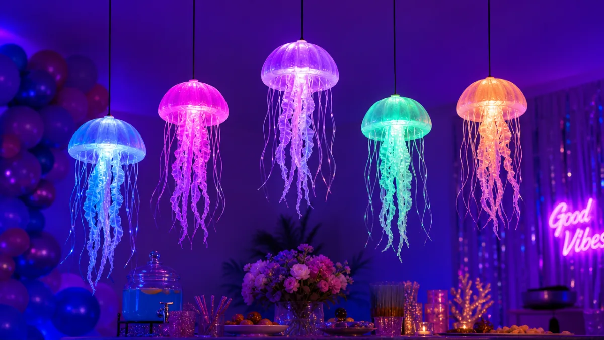 an array of five colorful glowing jellyfish lights hanging at different heights…