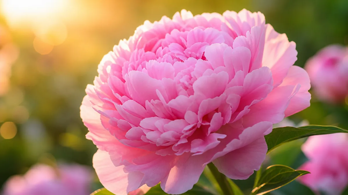 a close-up of a pink peony in full bloom, soft golden hour…