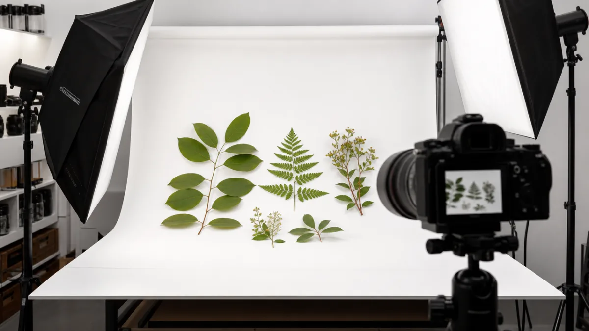 a professional photography studio setup with botanical specimens on a white background,…