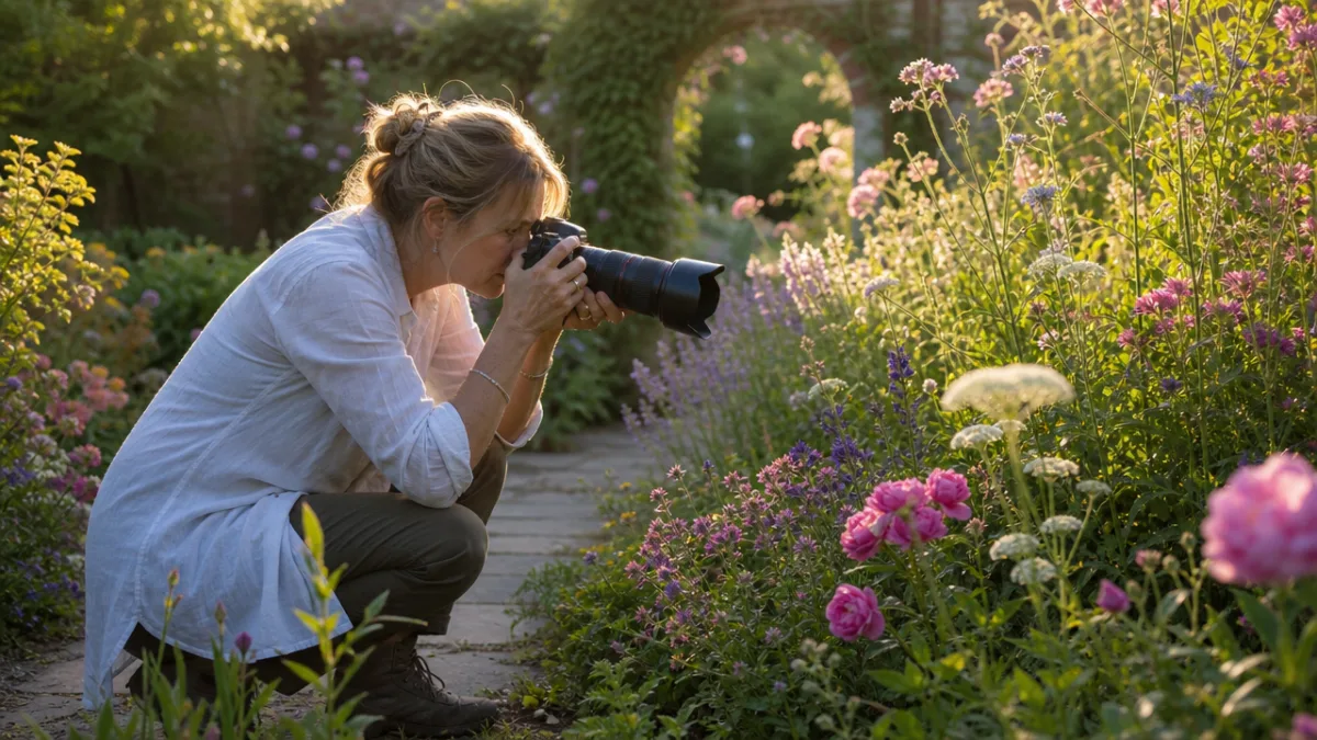 a botanical photographer crouching in a lush English garden border, golden afternoon…