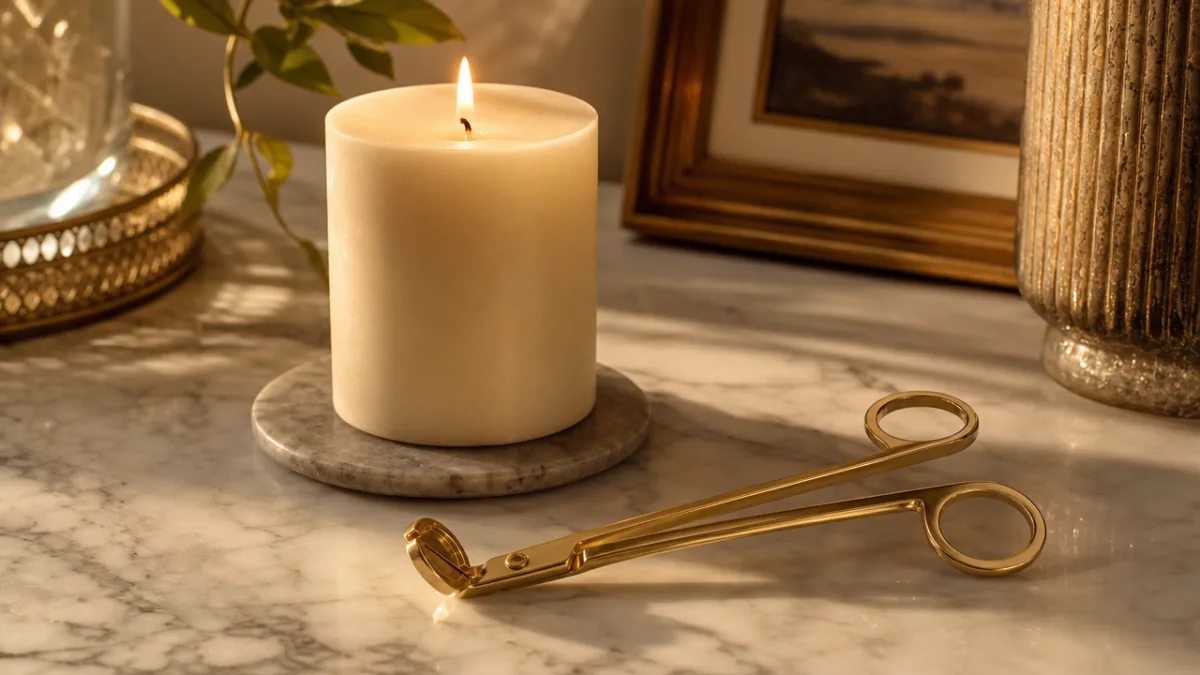 a polished brass candle wick trimmer resting beside a lit cream pillar…