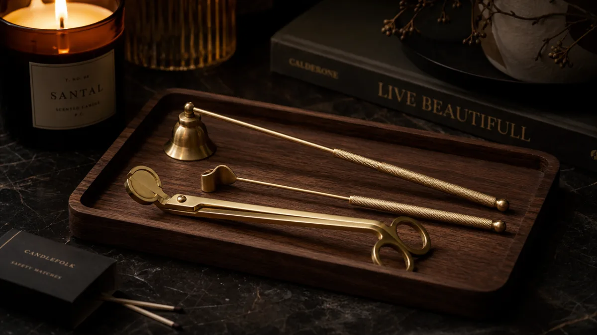 a styled candle care accessory set including brass trimmer, snuffer and dipper…
