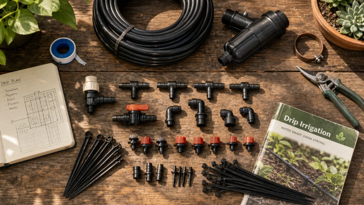 a flatlay of drip irrigation components on a wooden garden workbench, warm…