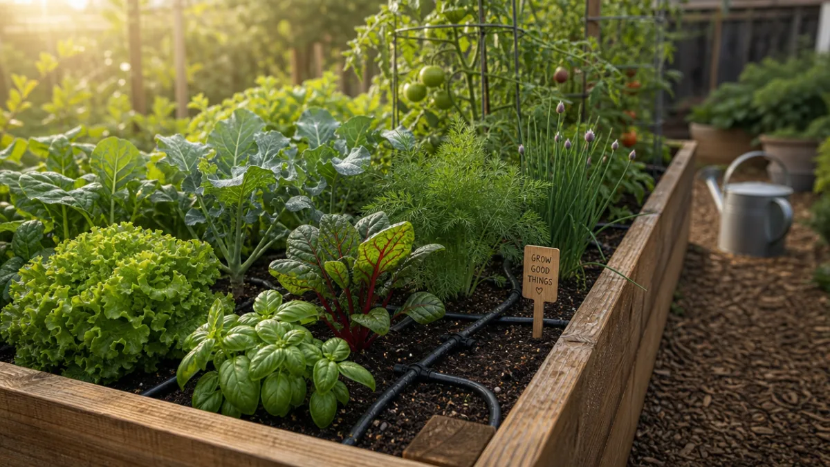 a lush raised garden bed with visible drip lines between green plants,…