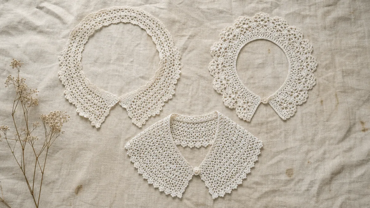 a flat lay of delicate white crochet lace collars on aged linen…