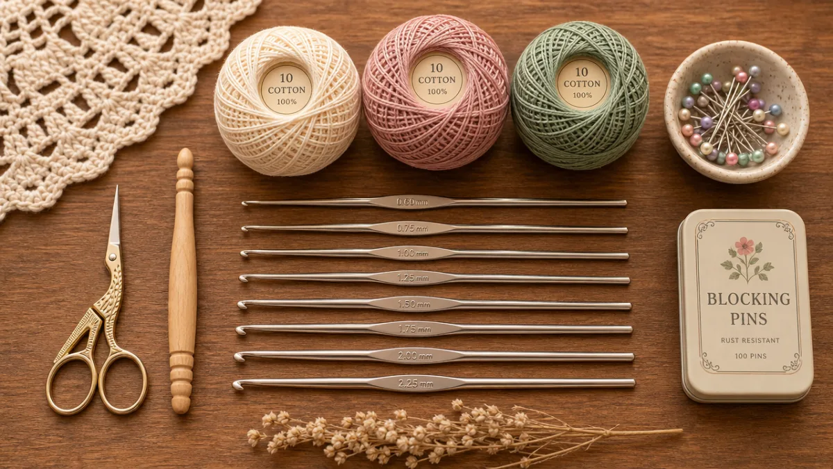 an organized flat lay of crochet tools including steel hooks, cotton thread…