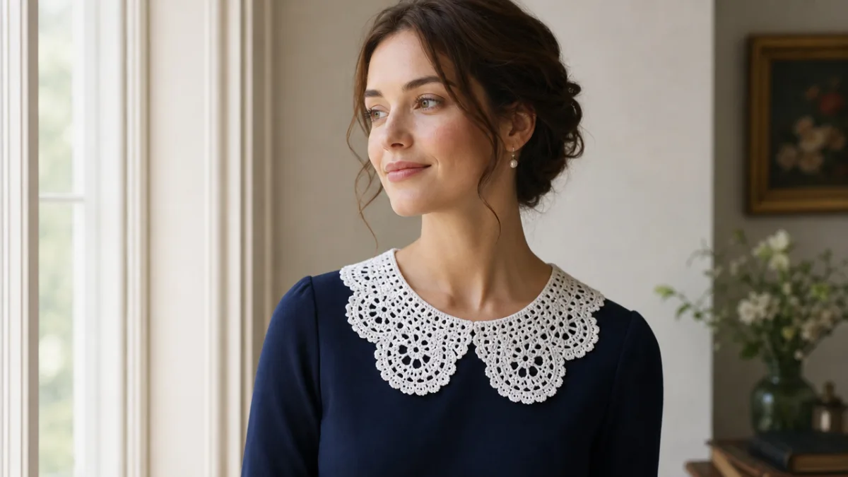 a woman wearing an elegant white crochet lace collar over a simple…