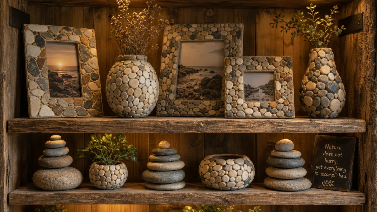 a rustic wooden shelf displaying stone mosaic frames, pebble vases, and stacked…