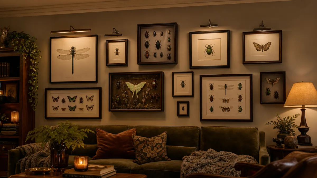 a finished gallery wall featuring framed insect art and shadow boxes in…
