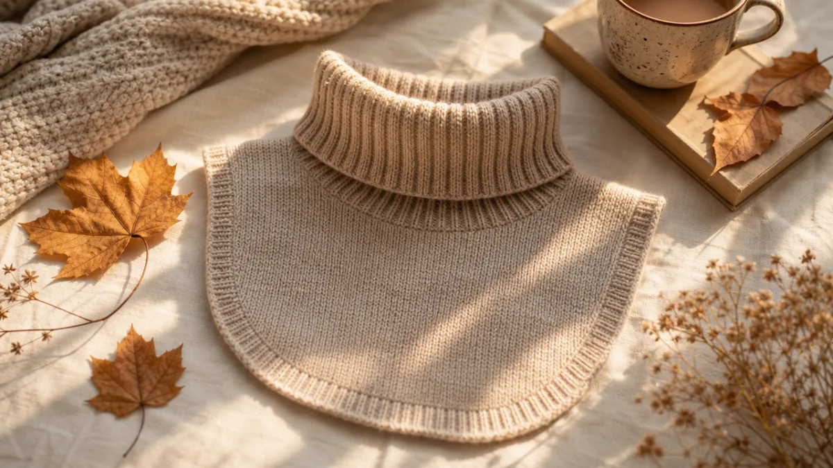a cozy flat lay of a finished turtleneck dickey in soft neutral…