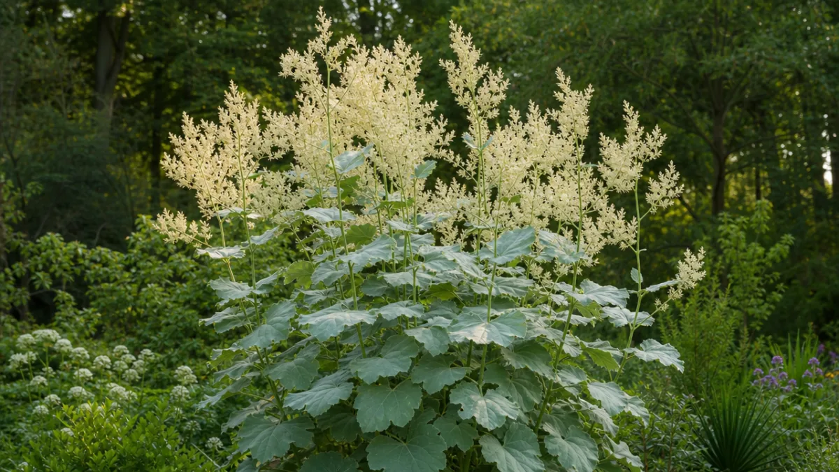 a towering Macleaya cordata plant photographed in soft afternoon light, showcasing silvery…